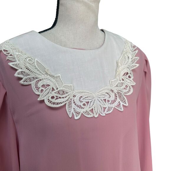 VTG Lisa II Pink Pleated Midi Dress Lace Collar USA Made Sz 14/16 Cottage Core - Picture 2 of 6